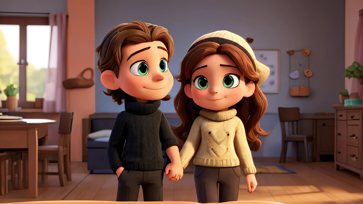 A couple, who look at each other lovingly and hold both hands. the woman has long brown curls and green eyes. She wears a dark brown knit sweater and black pants. der Mann hat schwarze locken, einen leichten Bart und braune Augen. he wears a black turtleneck sweater and black pants. im Hintergrund der Nachthimmel mit kleinem Mond und Sterne . als 3d Disney Figure
