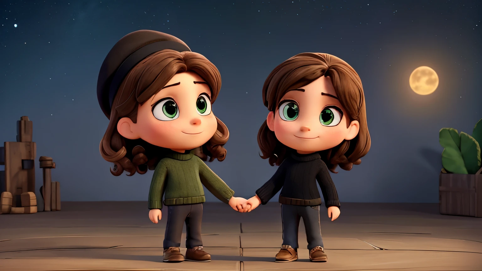 A couple, who look at each other lovingly and hold both hands. the woman has long brown curls and green eyes. She wears a dark brown knit sweater and black pants. der Mann hat schwarze locken, einen leichten Bart und braune Augen. he wears a black turtleneck sweater and black pants. im Hintergrund der Nachthimmel mit kleinem Mond und Sterne . als 3d Disney Figure