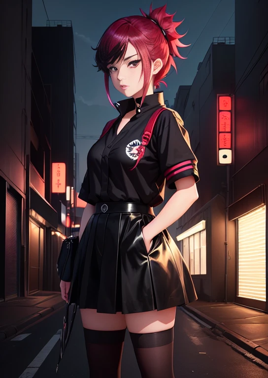 (perfect composition),anime character Sukeban delinquent girl standing on a city street corner in black seifuku with black very long skirt, anime style. 8k, anime style mixed with fujifilm, retro anime girl, anime styled digital art, in tokyo, anime style illustration, anime style 4 k, anime style artwork, anime poster film still portrait, tokyo anime scene, modern anime style, anime style digital art, short hair, 26year old, red converse,