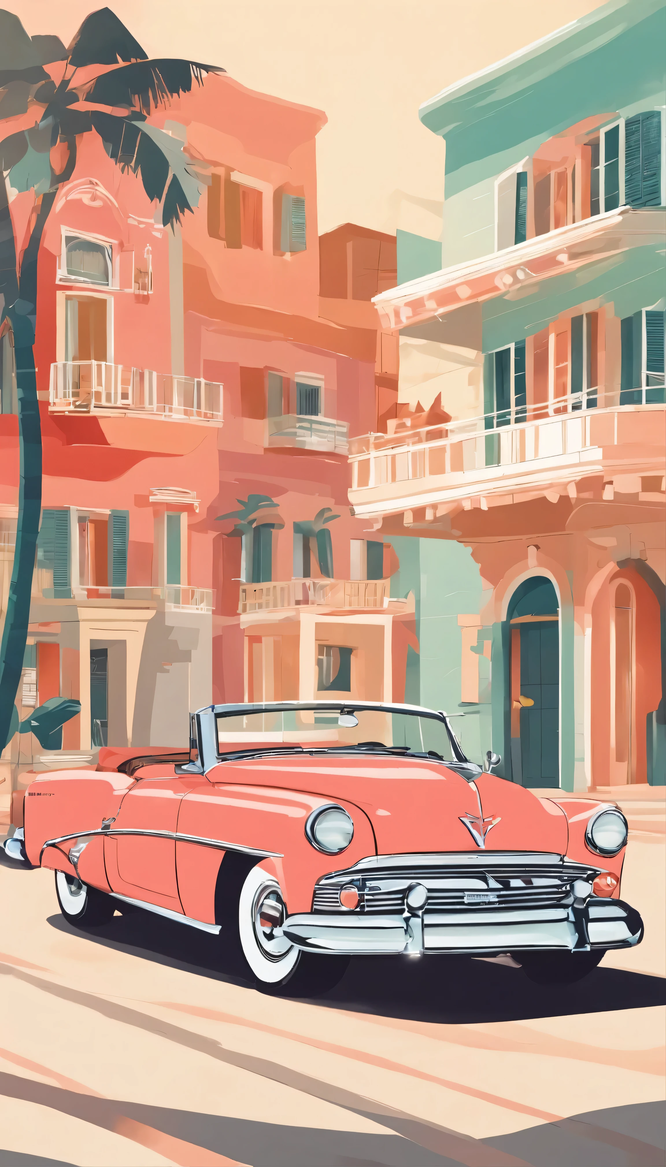 A classic 1950s convertible in vibrant coral paint.、Navigate Cuba's Bahamas-esque residential neighborhoods。The sunlight casts a warm golden glow、Body meter lighting enhances the car's sophisticated design、Shiny chrome grill、The polished wheels shine brightly in the soft natural light.。The interior of the car has been meticulously maintained.、It is in pristine condition。Vintage radio、Colorful pastel houses々The photos were taken in high resolution and captured the car journey through narrow, picturesque streets lined with、Plays gentle salsa music。