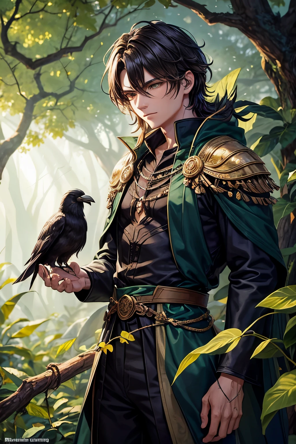 Create an illustration depicting Soh, a 16-year-old changeling druid, standing amidst a lush, verdant forest. Soh is tall and muscular, with unruly dark brown hair streaked with natural blonde highlights, falling in tight curls around his face. His heterochromatic eyes—one vibrant emerald green, the other a warm earthy brown—reflect his dual nature as a changeling. Soh wears a dark green cloak adorned with intricate patterns, blending seamlessly with the surrounding foliage. In one hand, he holds a sturdy wooden staff, carved from the branch of an ancient tree, a symbol of his connection to nature and his magical abilities. Perched on his shoulder are two intelligent crows named Huginn and Muninn, their sleek feathers shimmering in the dappled sunlight. Soh's expression is one of quiet determination, embodying his role as a guardian of the natural world and protector of the balance between light and darkness.