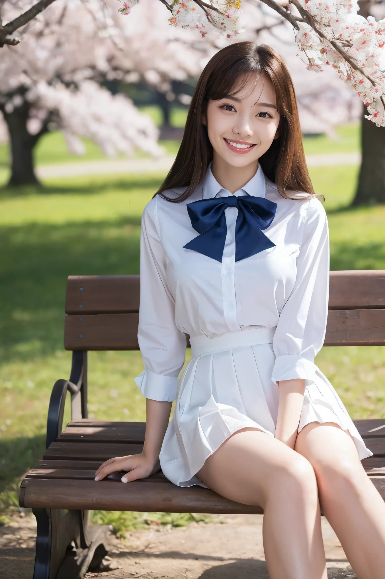 (highest quality、Tabletop、8k、Best image quality、Award-winning works)、One high school girl、16 years old、(alone:1.1)、Perfect beautiful composition、(Large Breasts:1.1)、(Accentuate your body lines:1.1)、Voluptuous body、(A perfect and accurate white polyester shirt:1.1)、(Navy Pleated Skirt:1.1)、(uniform ribbon on chest:1.1)、(sitting on a park bench:1.1)、(Thick legs:1.1)、(One of the most natural and perfect benches:1.2)、(The most accurate bench, Perfectly crafted:1.1)、(The biggest smile is looking at me:1.1)、(Smiling with perfect beautiful teeth:1.1)、(Beautiful park background with strong blur:1.1)、The most natural and perfect beauty park、Perfectly maintained park、Natural Makeup、(美しいThick legs:1.1)、Ultra-high definition beauty face、Ultra HD Hair、Ultra HD Shining Eyes、(Ultra-high resolution glossy skin:1.1)、Super high quality glossy lip、(Accurate anatomy:1.1)、(very bright and vivid:1.1)、Cherry tree in the distance