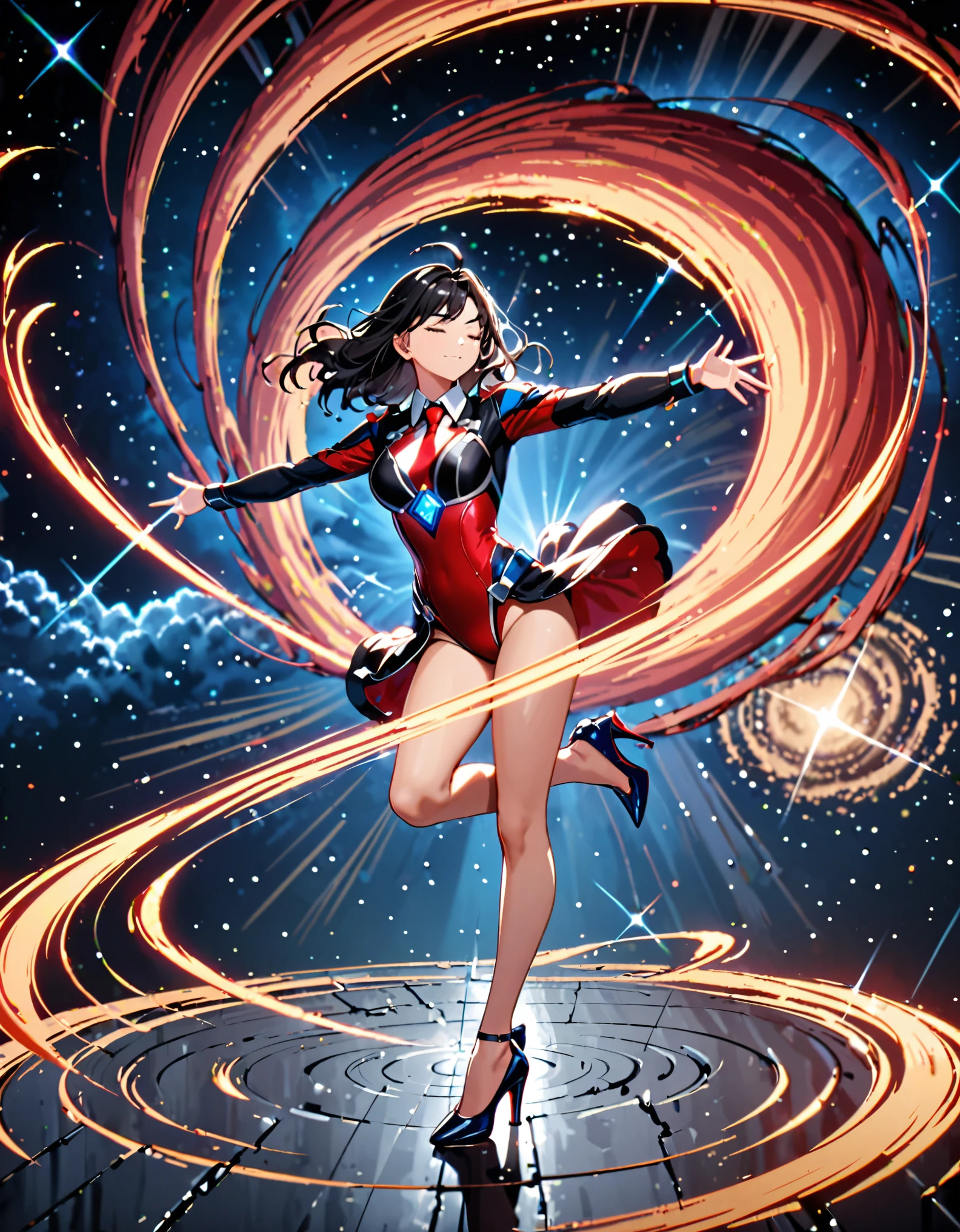 (masterpiece), (best quality), (high res), 1lady, tall body, beautiful detailed eyes, beautiful detailed face, closed eyes, perfect hands, complete fingers, perfect anatomy, perfect proportions, ((jet black hair with brown accents, medium hair)), ahoge, , ((black suit and tie, necktie, reporter's id card )), (white shirt), ((red leotard, bare legs)), ((shoes, matching shoes, high heels)), breasts, medium breasts, (full body portrait), solo, solo focus, cowboy shot, outer space backdrop, full body costume design. ((raised arms, spins fast in place like a tornado, she spins at an incredible speed, creating a whirlwind of air around her, cyclone spinning)), (diffraction spikes, light particles), ((spiral lines, spinning red and blue energy pulse around her)). Curved Sword Slash.