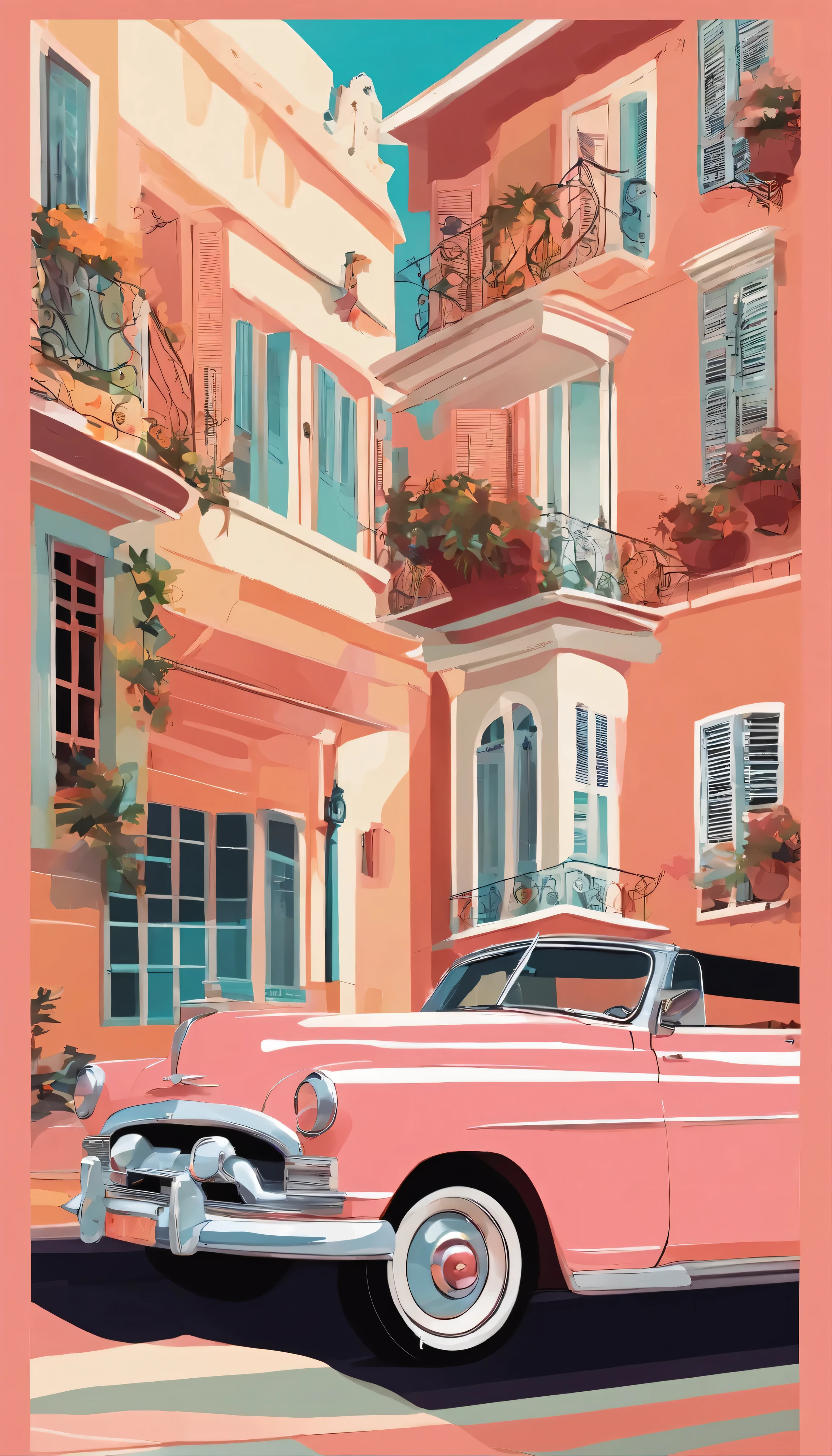 A classic 1950s convertible in vibrant coral paint.、Navigate Cuba's Bahamas-esque residential neighborhoods。The sunlight casts a warm golden glow、Body meter lighting enhances the car's sophisticated design、Shiny chrome grill、The polished wheels shine brightly in the soft natural light.。The interior of the car has been meticulously maintained.、It is in pristine condition。Vintage radio、Colorful pastel houses々The photos were taken in high resolution and captured the car journey through narrow, picturesque streets lined with、Plays gentle salsa music。
