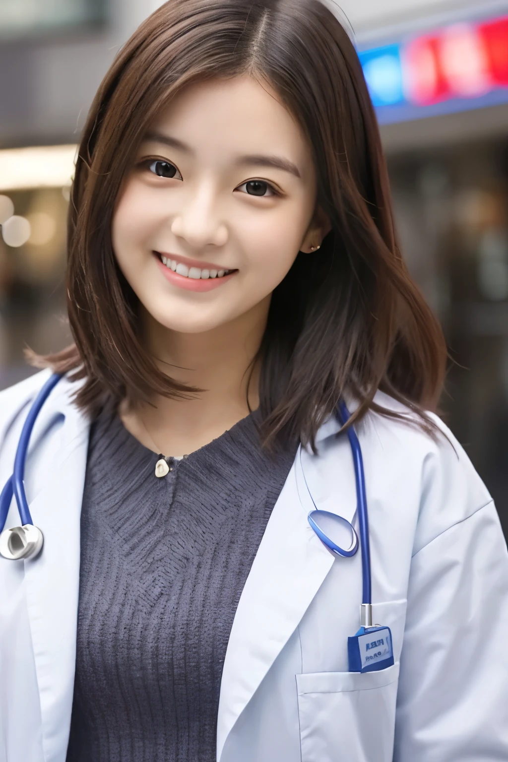 So cute like an idol、Cute and adorable、A 20-year-old girl with a young-looking face、Smiling Kindly、Female doctor、Wearing a doctor's white coat、The front of the white coat is open, revealing underwear、Bra and panties visible、Standing in a hospital examination room、whole body像、whole body、Accurate、Anatomically correct、Textured skin、Super Detail、 Attention to detail、highest quality、High resolution、Real、realism、Raw photo、Genuine、masterpiece