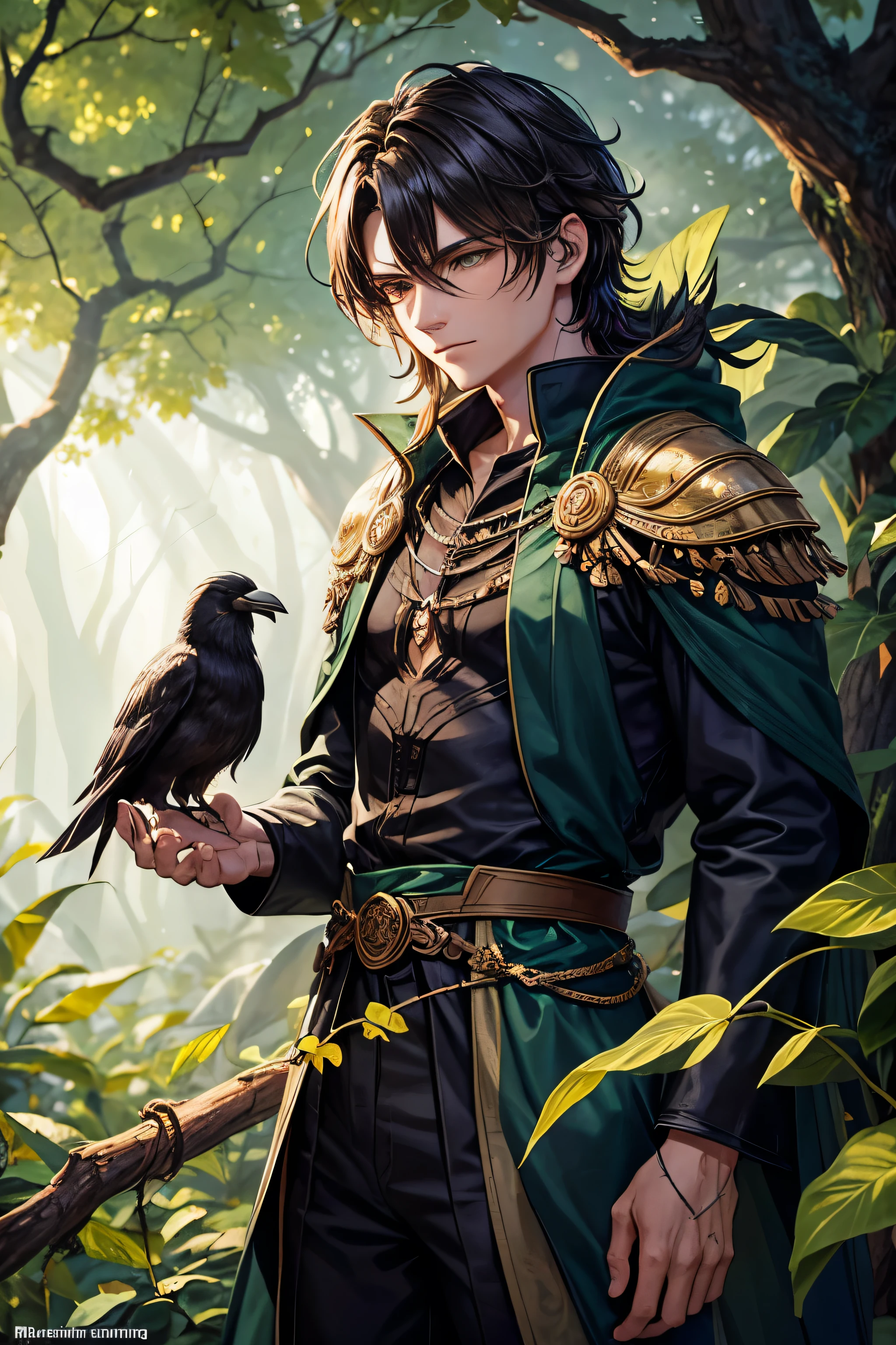 Create an illustration depicting Soh, a 16-year-old changeling druid, standing amidst a lush, verdant forest. Soh is tall and muscular, with unruly dark brown hair streaked with natural blonde highlights, falling in tight curls around his face. His heterochromatic eyes—one vibrant emerald green, the other a warm earthy brown—reflect his dual nature as a changeling. Soh wears a dark green cloak adorned with intricate patterns, blending seamlessly with the surrounding foliage. In one hand, he holds a sturdy wooden staff, carved from the branch of an ancient tree, a symbol of his connection to nature and his magical abilities. Perched on his shoulder are two intelligent crows named Huginn and Muninn, their sleek feathers shimmering in the dappled sunlight. Soh's expression is one of quiet determination, embodying his role as a guardian of the natural world and protector of the balance between light and darkness.