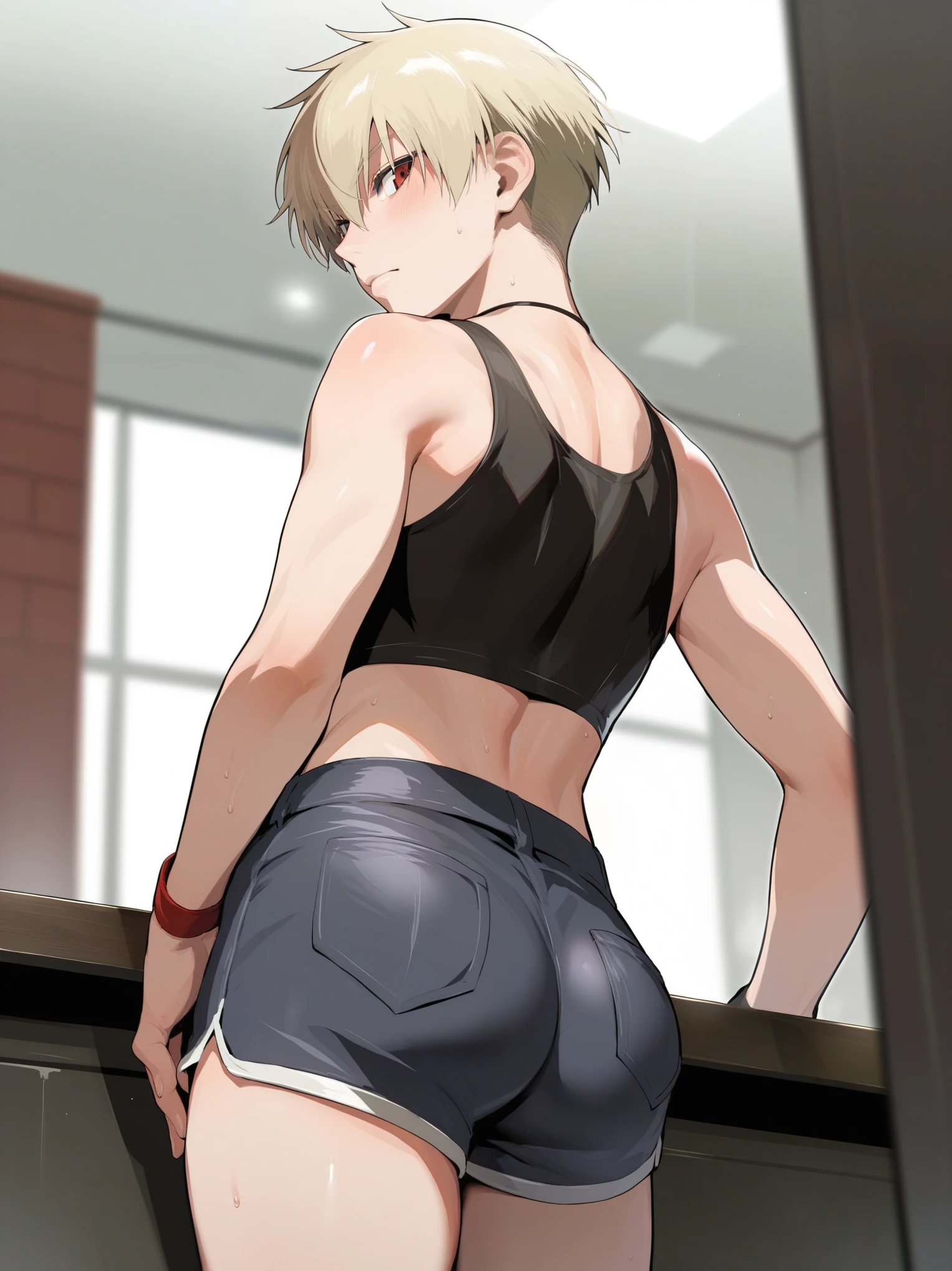 score_9, score_8_up, source_anime, standing, hellsing, seras, femboy, twink, shorts, otoko no, crop top, indoors, ikuchan, ass
