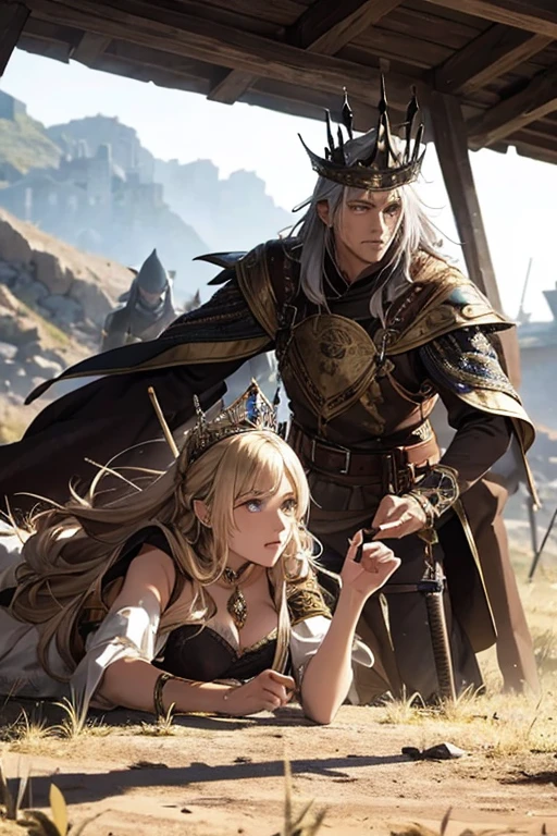 fantasy old king and old queen in a battlefield