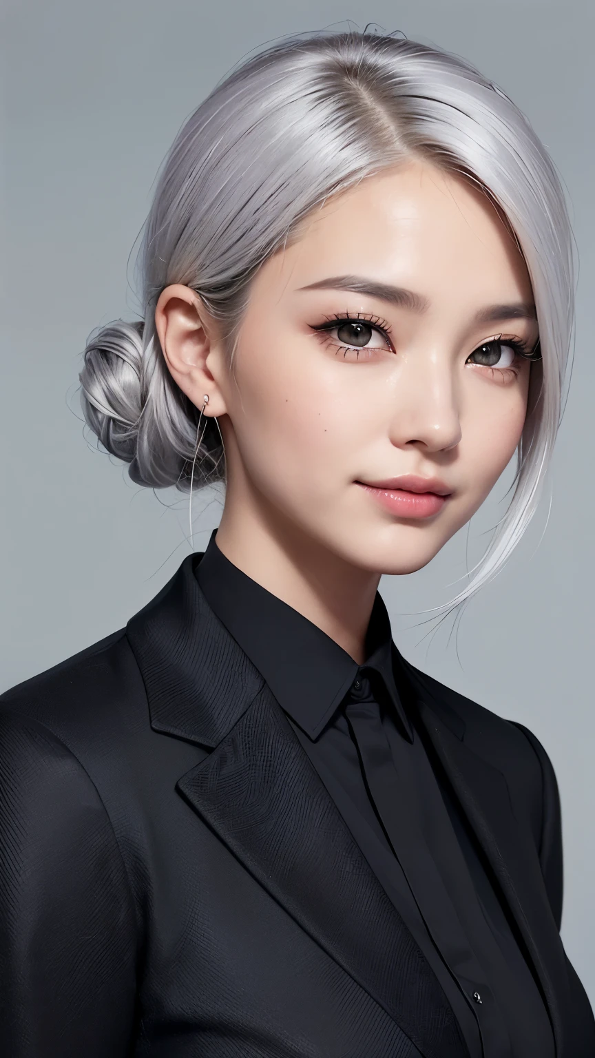 Realistic, masterpiece, highest quality, Highest Resolution, (1girl:1.3), 20-year-old, Happy smile, Slightly to the side, Definitely watching the audience, (Beautiful fine details, Iris, (Hidden eyelid wrinkles:1.2), Thin eyebrows, Draw eyelashes carefully, Natural Makeup, Middle Hair, Silver Hair, Detailed face), Charcoal grey blank background,(Black business attire, Sexy black suit style),Photographing the upper body,Portraiture