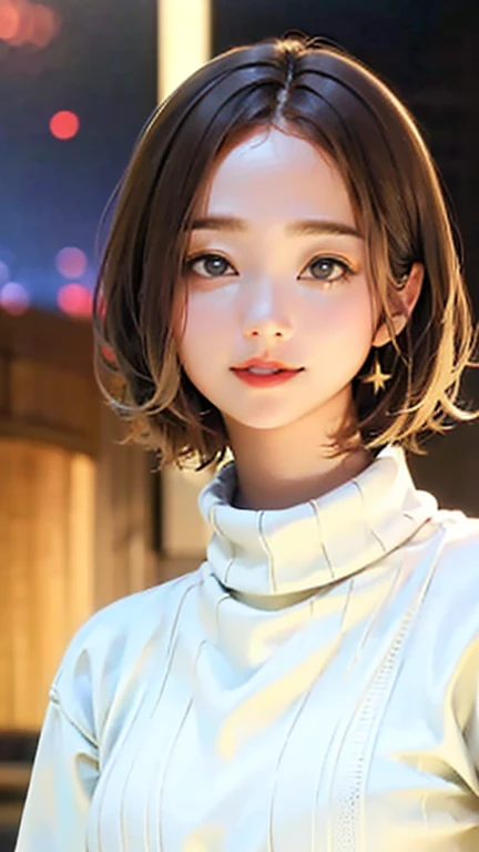 (Top quality masterpiece:1.2) Delicate illustrations, Very detailed, /Beautiful Japanese Woman、1 person,Very cute and slim、Excellent style 、((8K images、super high quality))、Very delicate face, Beautiful forehead、Beautiful thighs、Bright red lipstick,(((((short hair、Light brown hair、Blonde hair))))),very cute、Kind eyes,((((Tight sweater))))、starry skies、Tokyo night view