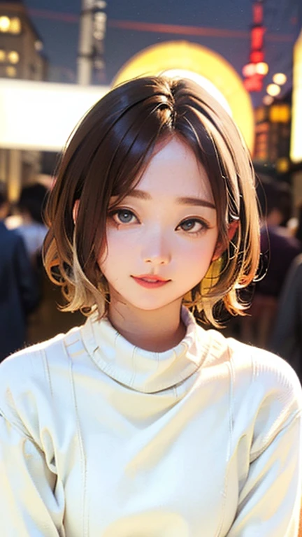 (Top quality masterpiece:1.2) Delicate illustrations, Very detailed, /Beautiful Japanese Woman、1 person,Very cute and slim、Excellent style 、((8K images、super high quality))、Very delicate face, Beautiful forehead、Beautiful thighs、Bright red lipstick,(((((short hair、Light brown hair、Blonde hair))))),very cute、Kind eyes,((((Tight sweater))))、starry skies、Tokyo night view