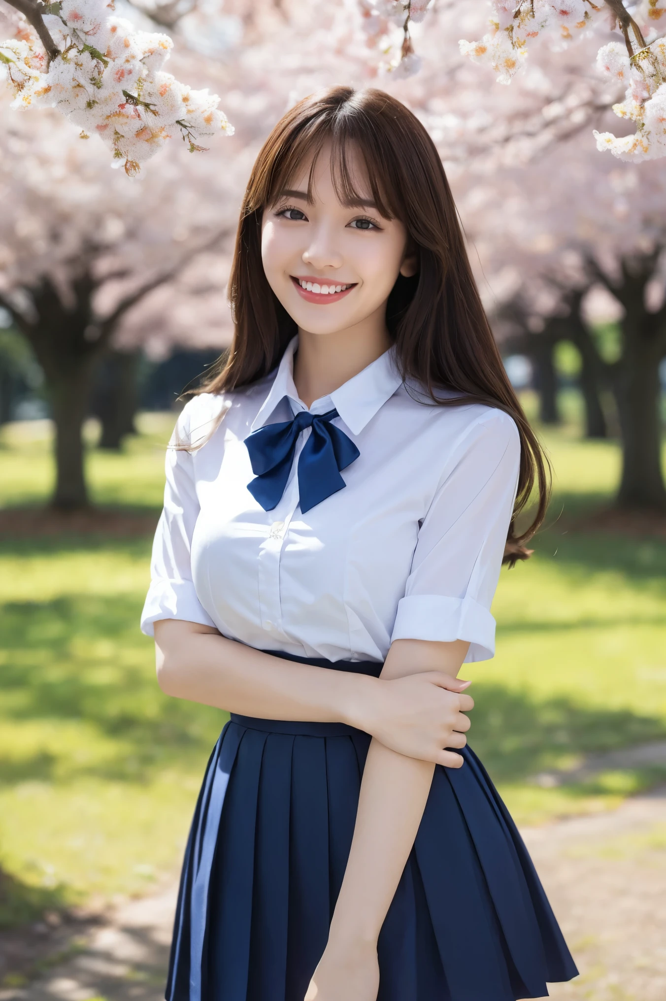(highest quality、Tabletop、8k、Best image quality、Award-winning works)、One high school girl、16 years old、(alone:1.1)、Perfect beautiful composition、(Large Breasts:1.2)、(Accentuate your body lines:1.1)、Voluptuous body、(A perfect and accurate white polyester shirt:1.1)、(Navy Pleated Skirt:1.1)、(uniform ribbon on chest:1.1)、(Standing in the park:1.1)、(Thick legs:1.2)、(The biggest smile is looking at me:1.1)、(Smiling with perfect beautiful teeth:1.1)、(Beautiful park background with strong blur:1.1)、The most natural and perfect beauty park、Perfectly maintained park、Standing Elegantly、Natural Makeup、(美しいThick legs:1.2)、Ultra-high definition beauty face、Ultra HD Hair、Ultra HD Shining Eyes、(Ultra-high resolution glossy skin:1.1)、Super high quality glossy lip、(Accurate anatomy:1.1)、(very bright and vivid:1.1)、Cherry tree in the distance