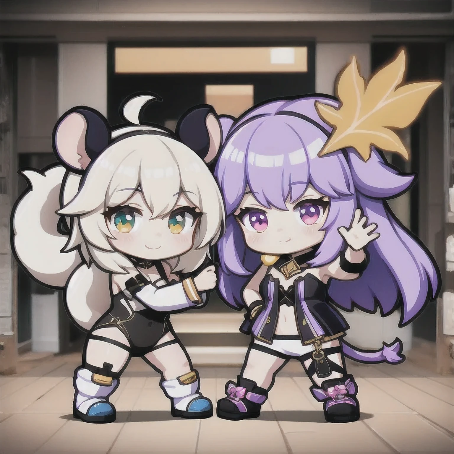 a cartoon image of a girl with a purple hair and a black top, kda, character art of maple story, （（Deer antler hair accessories））advanced digital chibi art, arcane art style, 2 d sprite, genshin impact character, official character art, chibi monster girl, chibi, , noire, ayaka genshin impact, maplestory mouse, hero 2 d fanart artsation，a cartoon image of a girl with a purple hair and a purple outfit, , chibi, kda, twitch emote, chibi monster girl, [[[[grinning evily]]]], 2 d sprite, of a ramlethal valentine, holding a pudica pose, melty, cute cyber gods, advanced digital chibi art（（2 girls ））Long purple-white hair，Double tail，big eyes，Sports Posture，Combat Status，Full mana