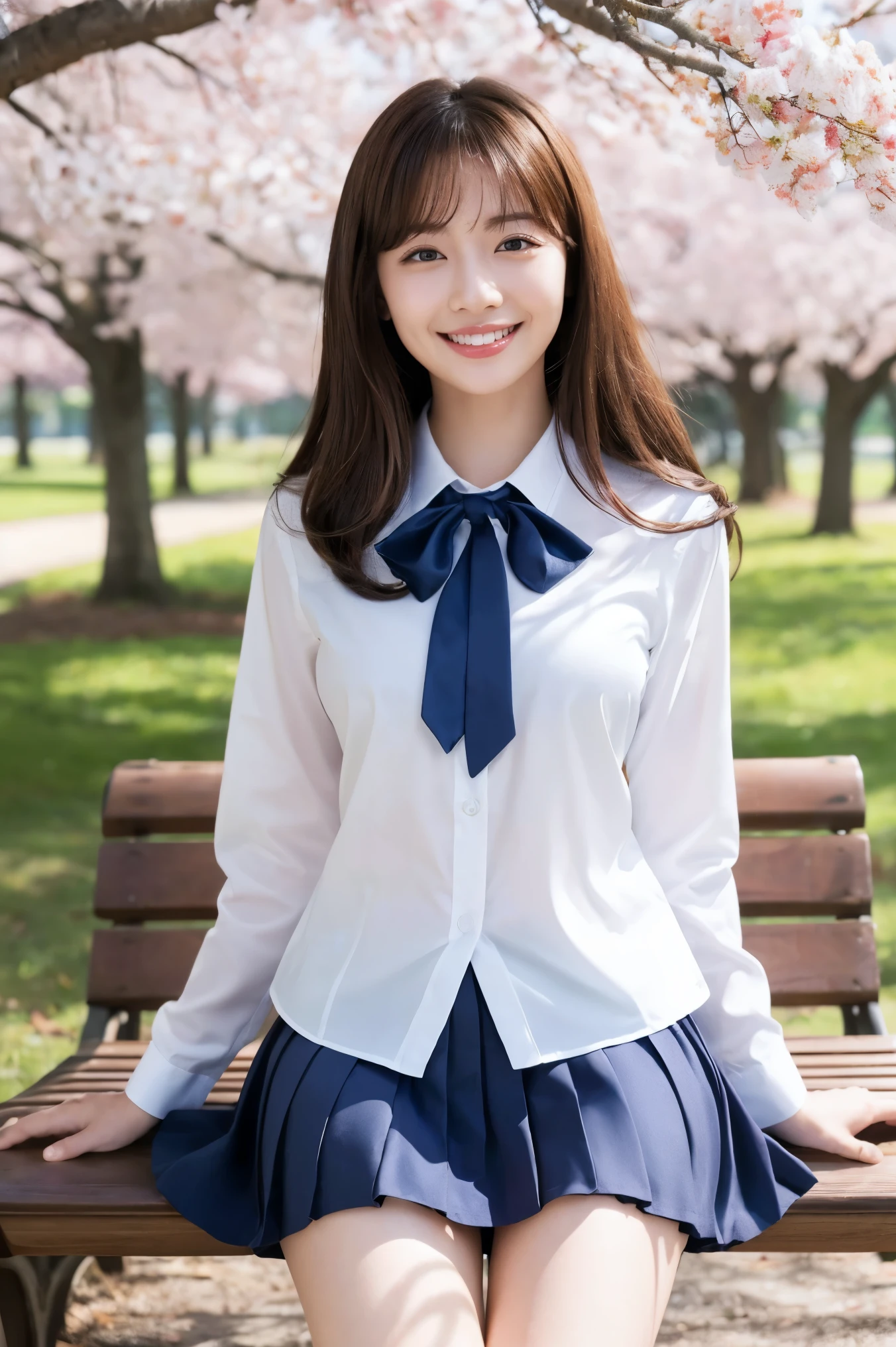 (highest quality、Tabletop、8k、Best image quality、Award-winning works)、One high school girl、、(alone:1.1)、Perfect beautiful composition、(Large Breasts:1.2)、(Accentuate your body lines:1.1)、Voluptuous body、(A perfect and accurate white polyester shirt:1.1)、(Navy Pleated Skirt:1.1)、(uniform ribbon on chest:1.1)、(sitting on a park bench:1.1)、(Thick legs:1.2)、(One of the most natural and perfect benches:1.2)、(The most accurate bench, Perfectly crafted:1.1)、(The biggest smile is looking at me:1.1)、(Smiling with perfect beautiful teeth:1.1)、(Beautiful park background with strong blur:1.1)、The most natural and perfect beauty park、Perfectly maintained park、Standing Elegantly、Natural Makeup、(美しいThick legs:1.2)、Ultra-high definition beauty face、Ultra HD Hair、Ultra HD Shining Eyes、(Ultra-high resolution glossy skin:1.1)、Super high quality glossy lip、(Accurate anatomy:1.1)、(very bright and vivid:1.1)、Cherry tree in the distance