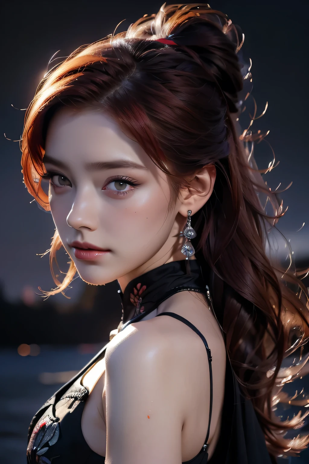 Beautiful woman with red hair and bright black eyes, Wear elegant party clothes, Scattered outlines and night sky background, Intricate details, Modest, watercolor, splash､masterpiece, 最high quality, high quality, High resolution, (((Upper body portrait)))