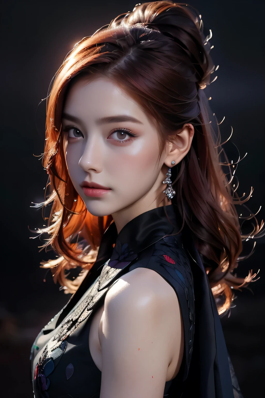 Beautiful woman with red hair and bright black eyes, Wear elegant party clothes, Scattered outlines and night sky background, Intricate details, Modest, watercolor, splash、masterpiece, 最high quality, high quality, High resolution, (((Upper body portrait)))