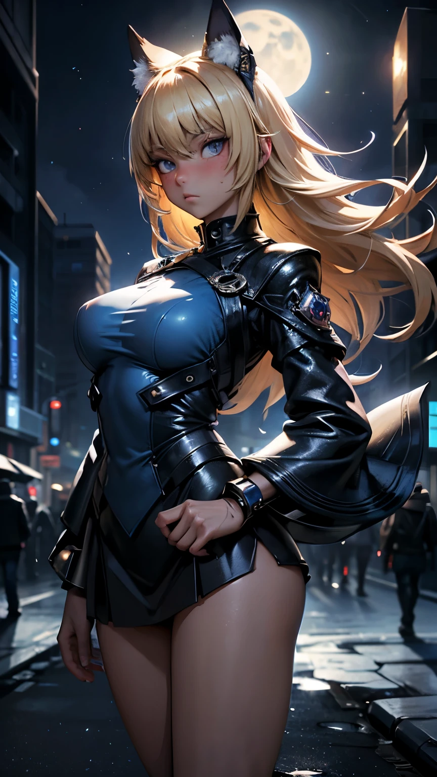 Albert Bierstadt, Mikael B, Omar Ba, Surrealism, mysterious, bizarre, fantastical, fantasy, Sci-fi, Japanese anime, electric blonde miniskirt beautiful girl Alice, wearing the clear blue night, perfect voluminous body, traveling through the city of midnight sun, detailed masterpiece Hyper realistic cinematic lighting shy embarrassed blushing looking at viewer real
