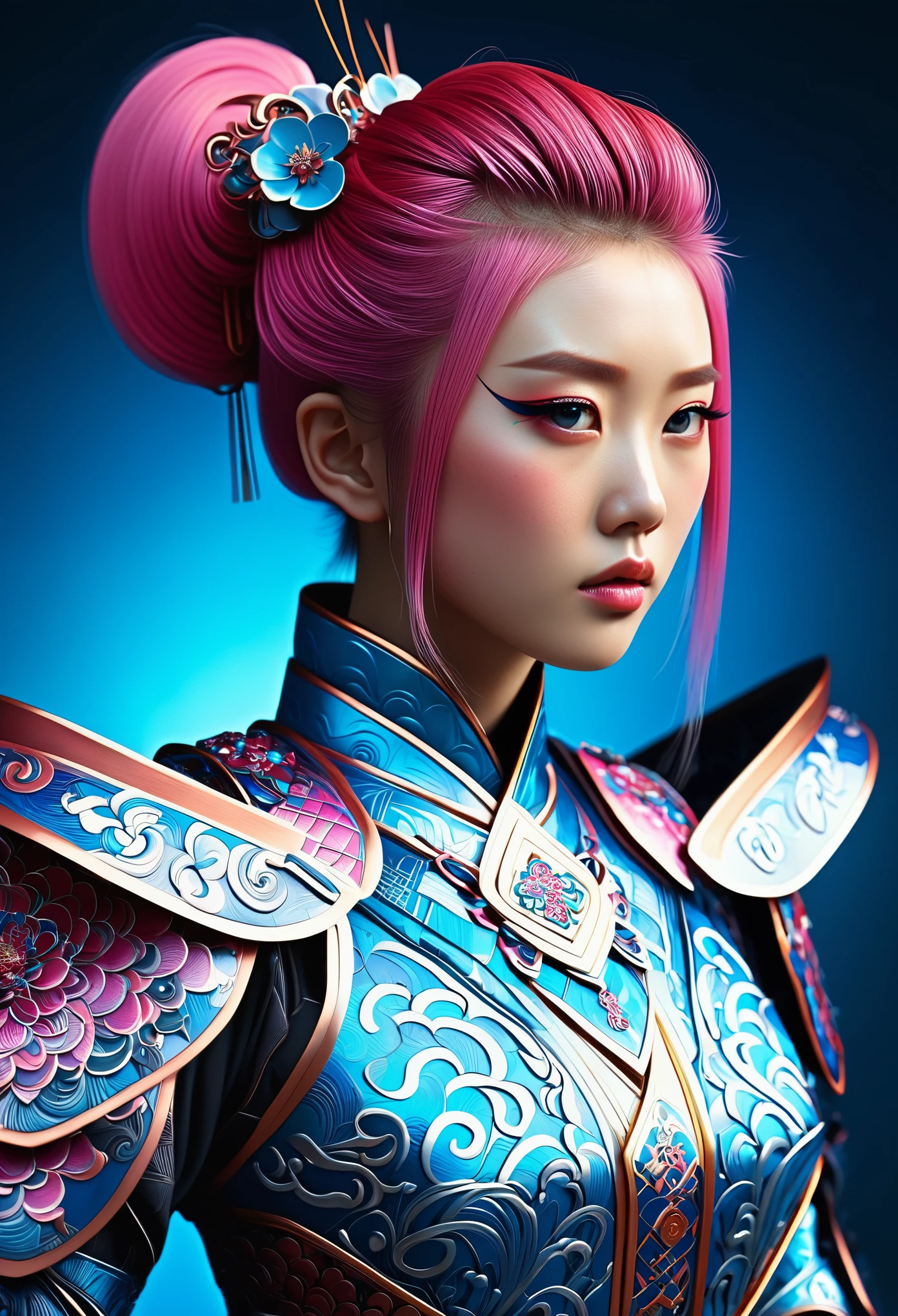 (high quality), (masterpiece), (detailed), 8K, Hyper-realistic illustration depicts (Japanese girl1.3) with intricate (traditional Chinese patterns1.2) on her (futuristic armor1.2), blending modernity with ancient cultural heritage. Her (vibrant pink hair1.2) flows like silk, while (luminous blue eyes1.2) shine bright, radiating an otherworldly aura. In style of Ash Thorp, trending on Artstation.