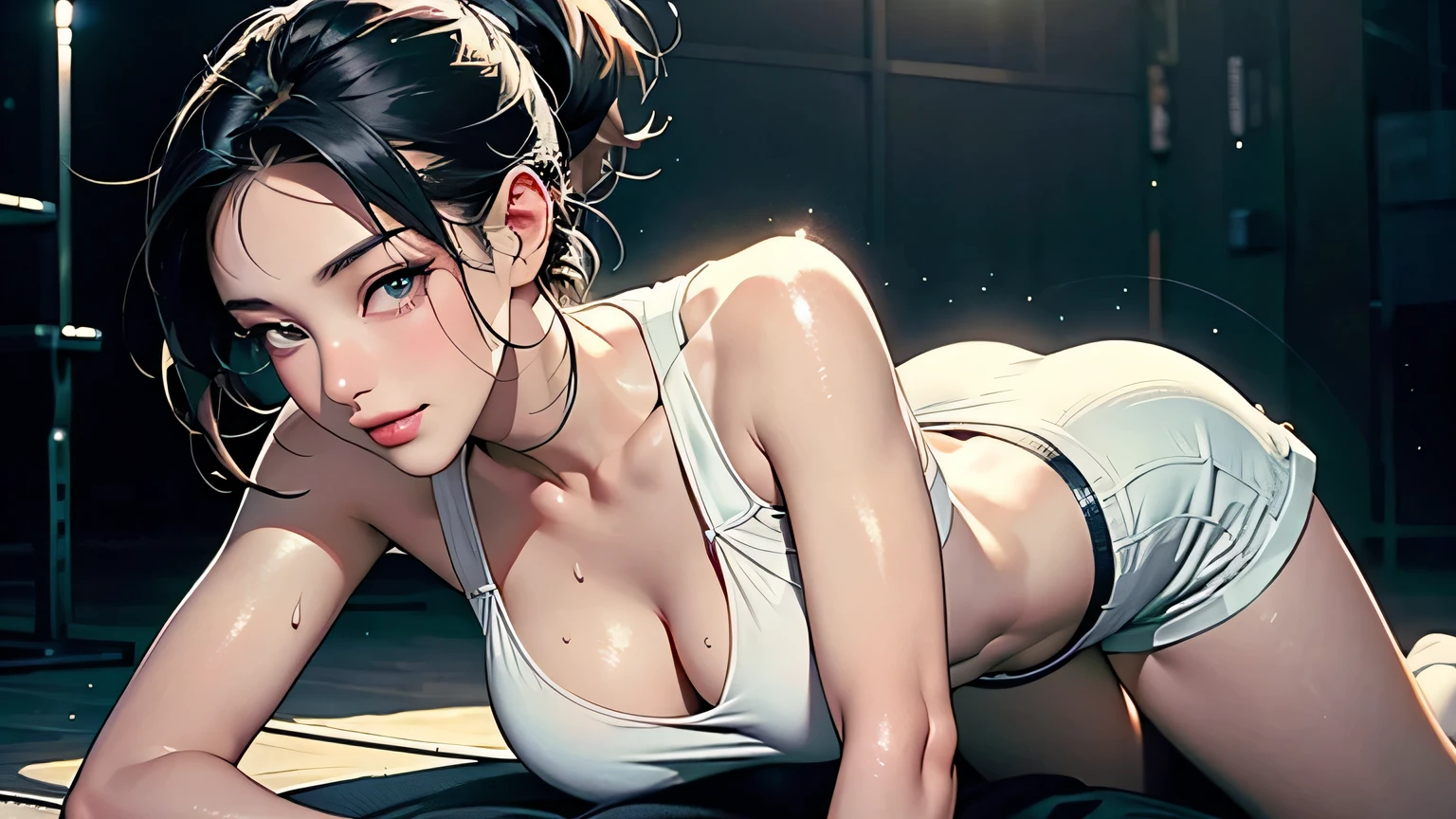 8k, highest quality, super high resolution, 1 female, 1980s pop culture anime style, 21 years old, (masterpiece, high resolution, detailed), Japanese, sweating, short cut, ponytail, big breasts (photorealistic): 1.4), (Famous Japanese Actress: 1.2), very beautiful, cute, professional photo, very delicate and beautiful, very detailed, very detailed beautiful girl, very detailed face, very detailed eyes, Very detailed skin, very detailed fingers, very detailed nose, very detailed mouth, perfect anatomy, realistic body, fair skin, glowing skin, slender body, good figure, looking at camera, smiling, cute Smile (Black Hair, (Ponytail, Beautiful Girl, Perfect Small Face, F Cup, Big Breasts, Best)) Masterpiece, Best Image Quality, High Resolution, Solo Performance, Beautiful Korean Woman Wearing Perfect Fit Fitness Wear, Toned Showing off his abs and curvaceous figure. White sports bra emphasizes his sexiness, voluptuous chest. White shorts reach 10cm above his knees, showing off his tan, athletic legs. Close-up focus: sweaty, muscular man, intense Let's take a break from exercise. Glowing when tired, his whole body was sweaty, glistening under the strong lights of the gym. His chest rises and falls with his breathing, his abs are toned and toned. Show off your body shape