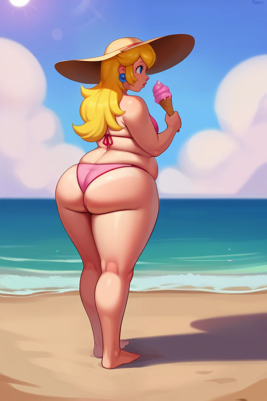 score_9, score_8_up, score_7_up, BREAK, 1girl, solo, princess peach, full body, pink bikini, sun hat, ((Chubby body)), ((wide hips)), Beach, ((chubby butt)), backside, turned around, looking away, ice cream, sunburn, 