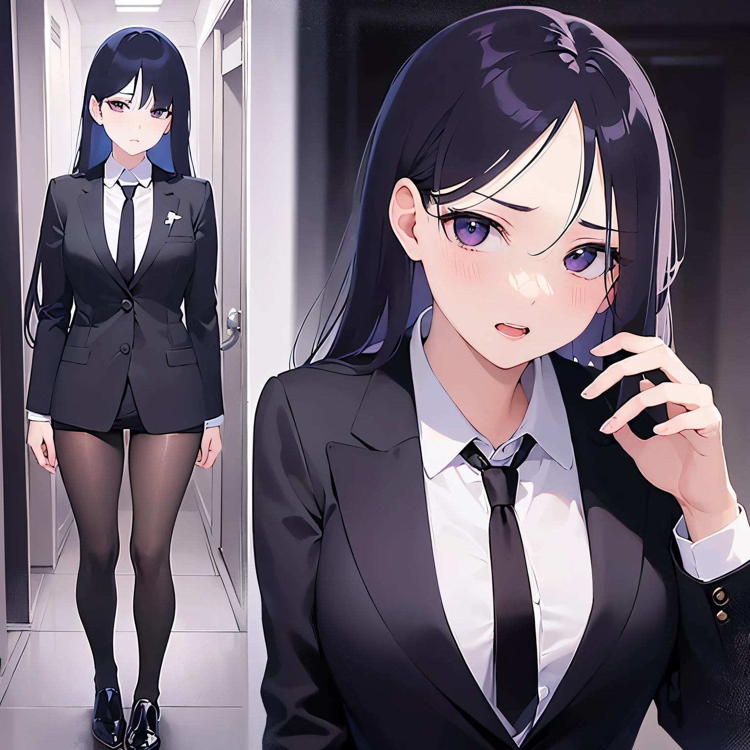 Shooting from above、looking up, Placing hand on face, Biologically correct five fingers、upper body, Realistic, real person, (pale skin: 1.2), (RAW photo:1.5), photorealistic, shiny skin, shiny hair、(A 25-year-old woman with straight hair and bangs) and (medium hair) and (black hair) and (purple eyes), business suit, (embarrassed,blush:1.3), open mouth, The background is an office hallway、alone、Are standing