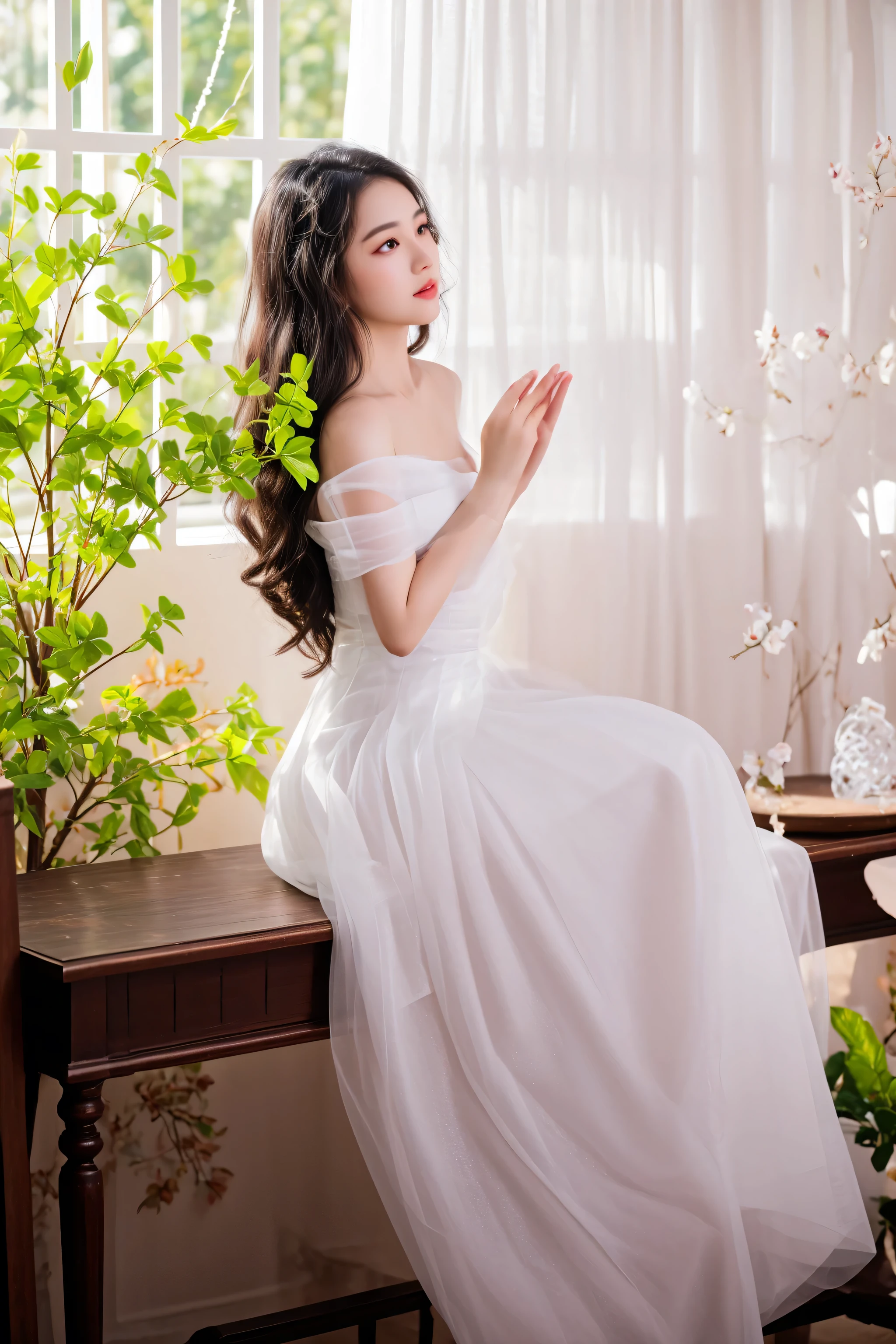there is a woman sitting on a table in a white dress, a beautiful woman in white, wearing organza gown, ethereal beauty, white gown, white hanfu, beautiful adult fairy, lovely languid princess, a stunning young ethereal figure, photo taken with nikon d 7 5 0, photo taken with nikon d750, wearing a white flowing dress, ao dai