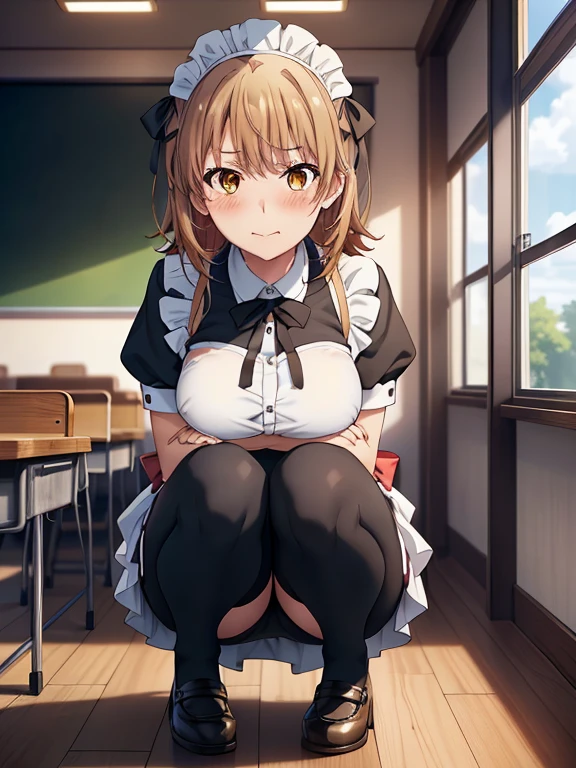 ((masutepiece, Best Quality, hight resolution, nffsw, Perfect Pixel, depth of fields, 4K, 1girl in, Solo, , Beautiful anime girl, Beautiful Art Style,
squatting:1.3, classroom background, Looking at viewer,
Perfect body, smug face, tilted forward:1.5,
isshiki iroha, large breasts, Full face blush, black stockings, maid uniform:1.5,
straight on:1.3, medium shot
