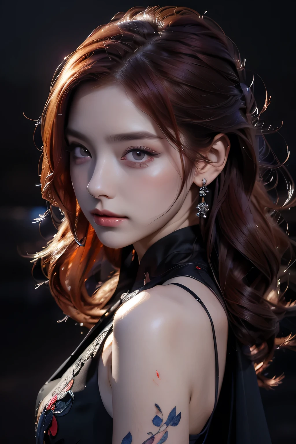 Beautiful woman with red hair and bright black eyes, Wear elegant party clothes, Scattered outlines and night sky background, Intricate details, Modest, watercolor, splash、masterpiece, 最high quality, high quality, High resolution, (((Upper body portrait)))