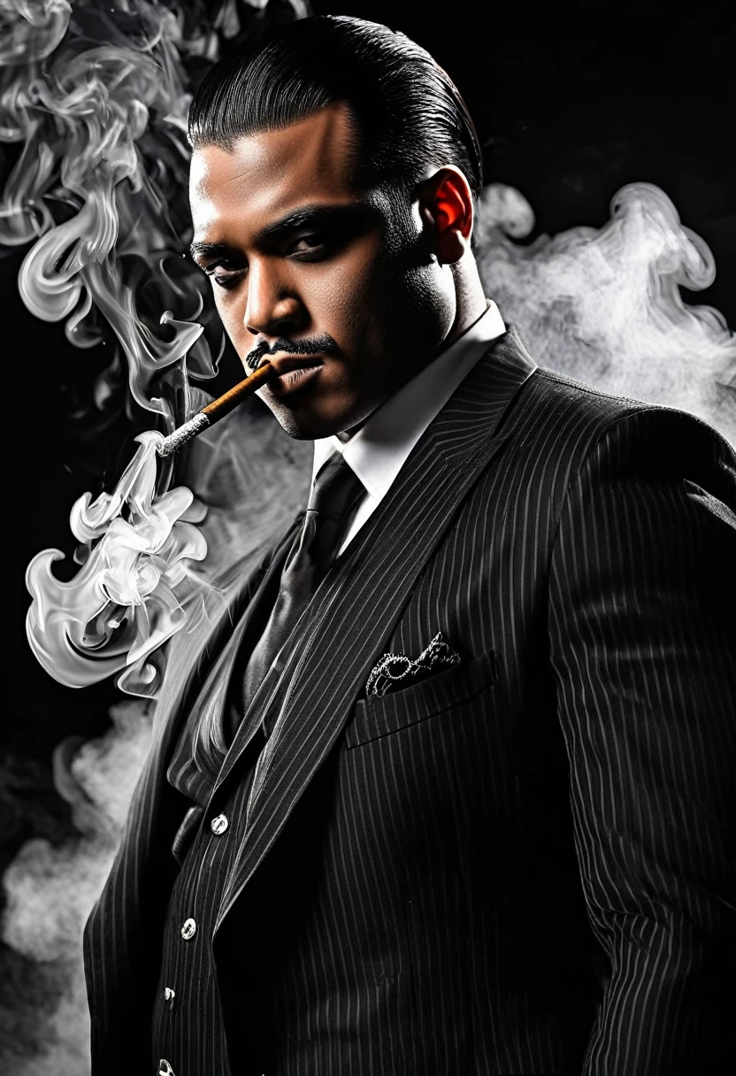 Make a model profile picture for men, it has leadership gangster personality, black themed with smoke