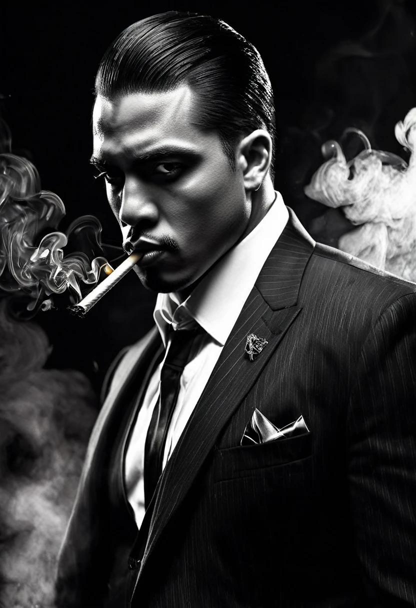 Make a model profile picture for men, it has leadership gangster personality, black themed with smoke
