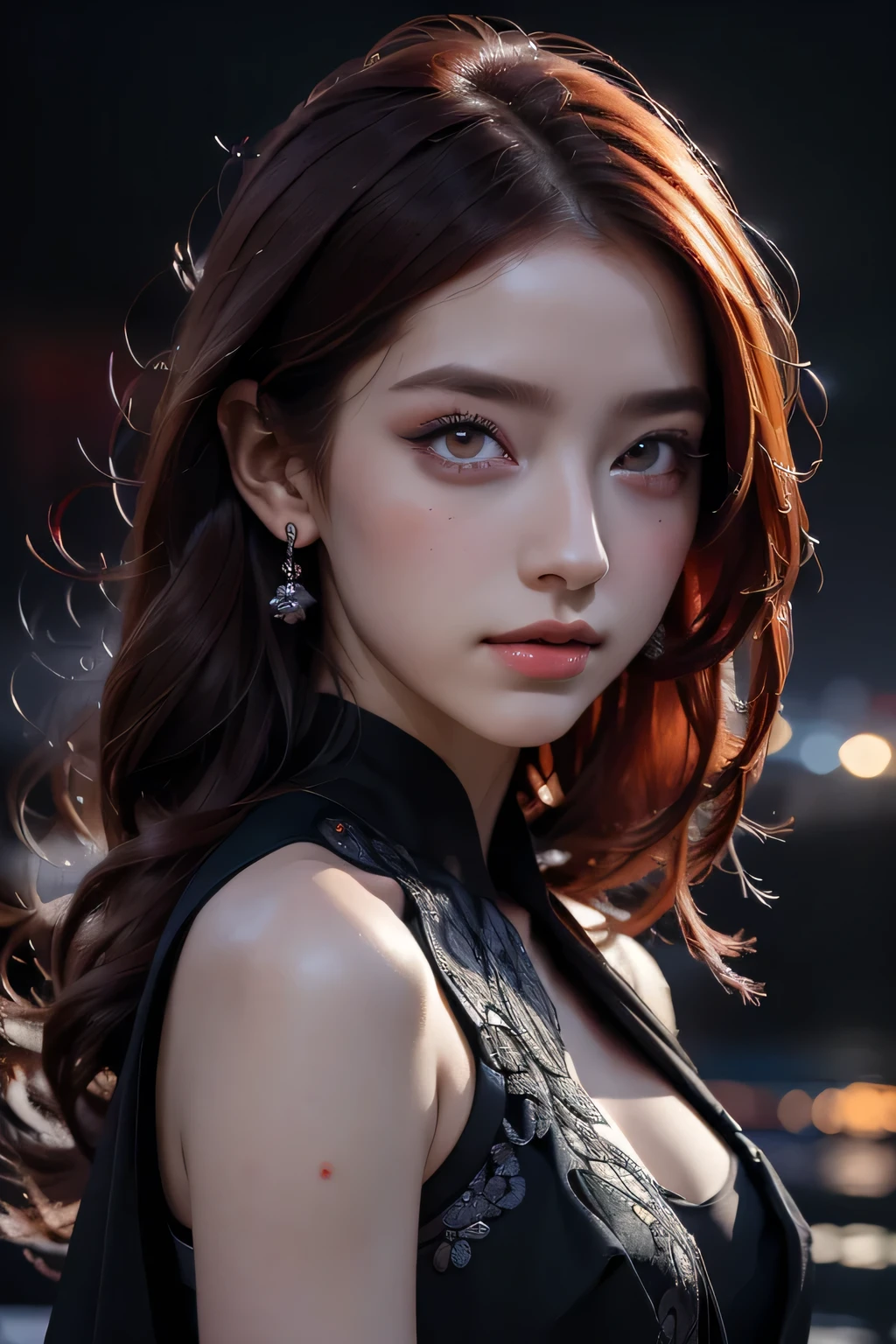 Beautiful woman with red hair and bright black eyes, Wear elegant party clothes, Scattered outlines and night sky background, Intricate details, Modest, watercolor, splash､masterpiece, 最high quality, high quality, High resolution, (((Upper body portrait)))