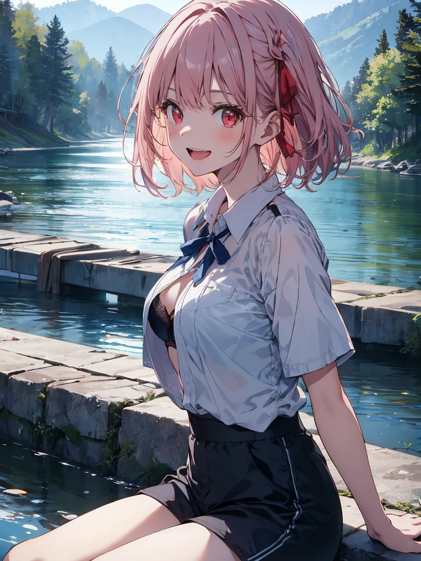 beutiful short light pink girl with red eyes, laughing girl, she wearing a cute white and blue shirt a bit open black bra and shorts pants blue, she watching a river