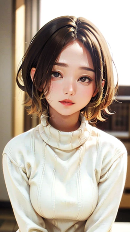 (Top quality masterpiece:1.2) Delicate illustrations, Very detailed, /Beautiful Japanese Woman、1 person,Very cute and slim、Excellent style 、((8K images、super high quality))、Very delicate face, Beautiful forehead、Beautiful thighs、Bright red lipstick,(((((short hair、Light brown hair、Blonde hair))))),very cute、Kind eyes,((((Tight sweater))))、starry skies、Tokyo night view