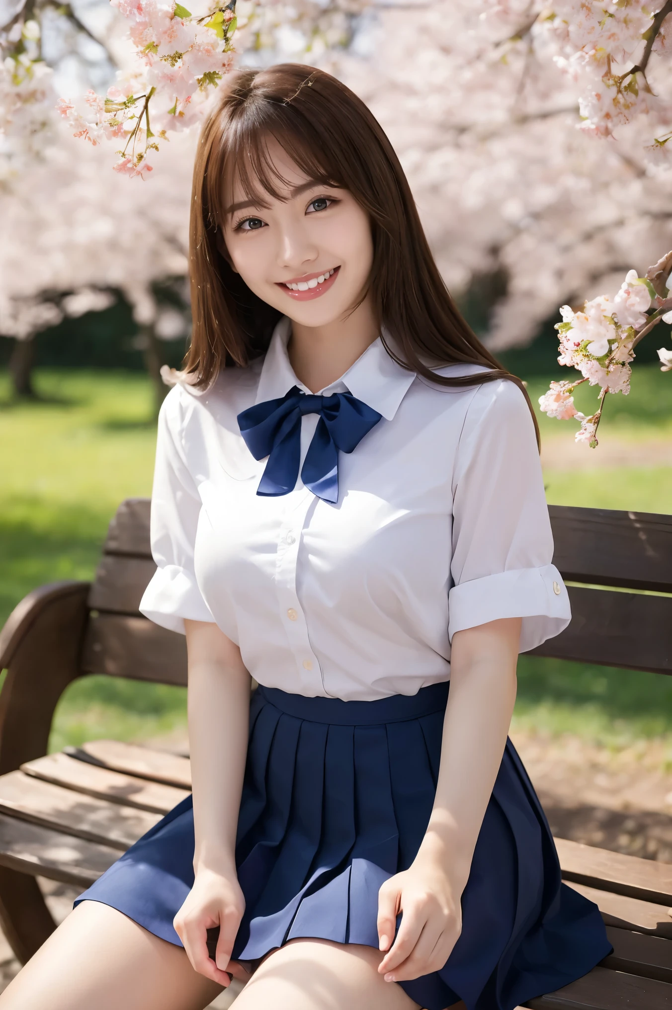 (highest quality、Tabletop、8k、Best image quality、Award-winning works)、One high school girl、16 years old、(alone:1.1)、Perfect beautiful composition、(Large Breasts:1.2)、(Accentuate your body lines:1.1)、Voluptuous body、(A perfect and accurate white polyester shirt:1.1)、(Navy Pleated Skirt:1.1)、(uniform ribbon on chest:1.1)、(sitting on a park bench:1.1)、(Thick legs:1.2)、(One of the most natural and perfect benches:1.2)、(The most accurate bench, Perfectly crafted:1.1)、(The biggest smile is looking at me:1.1)、(Smiling with perfect beautiful teeth:1.1)、(Beautiful park background with strong blur:1.1)、The most natural and perfect beauty park、Perfectly maintained park、Standing Elegantly、Natural Makeup、(美しいThick legs:1.2)、Ultra-high definition beauty face、Ultra HD Hair、Ultra HD Shining Eyes、(Ultra-high resolution glossy skin:1.1)、Super high quality glossy lip、(Accurate anatomy:1.1)、(very bright and vivid:1.1)、Cherry tree in the distance