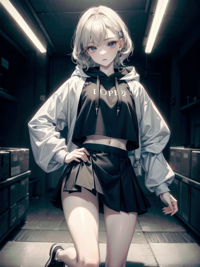 crop top, hoodie, mini skirt, absurdres, RAW photo, extremely delicate and beautiful, masterpiece, Best Quality, ultra high resolution, 32k, hyperrealistic, ultra-detailed, detailed description, pale skin, 20 years old, tearful mole, earring, short medium hair, wavy hair, full body shot,