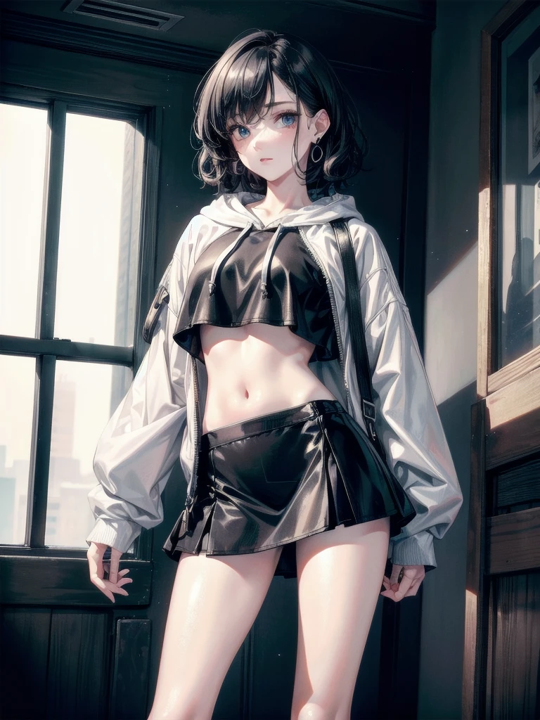 crop top, hoodie, mini skirt, absurdres, RAW photo, extremely delicate and beautiful, masterpiece, Best Quality, ultra high resolution, 32k, hyperrealistic, ultra-detailed, detailed description, pale skin, 20 years old, tearful mole, earring, short medium hair, wavy hair, full body shot,
