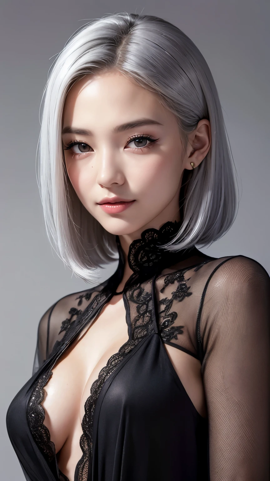 Realistic, masterpiece, highest quality, Highest Resolution, (1girl:1.3), 20-year-old, Happy smile, Slightly to the side, Definitely watching the audience, (Beautiful fine details, Iris, (Hidden eyelid wrinkles:1.2), Thin eyebrows, Draw eyelashes carefully, Natural Makeup, Middle Hair, Silver Hair, Detailed face), Charcoal grey blank background,(Black business attire, Sexy black suit style),Photographing the upper body,Portraiture