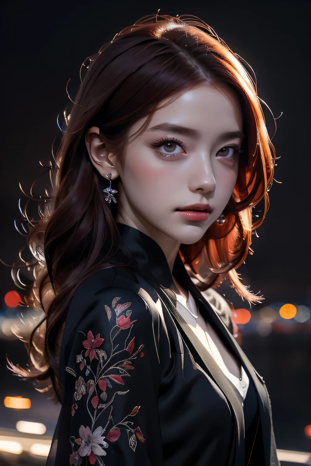 Beautiful woman with red hair and bright black eyes, Wear elegant party clothes, Scattered outlines and night sky background, Intricate details, Modest, watercolor, splash、masterpiece, 最high quality, high quality, High resolution, (((Upper body portrait)))
