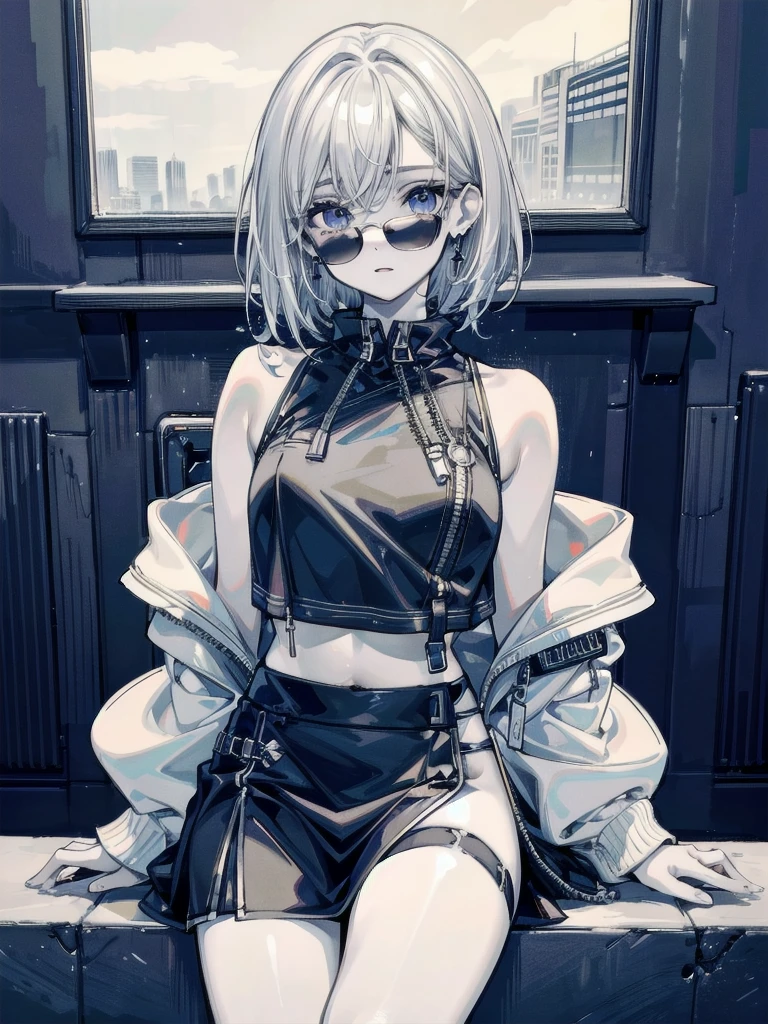 crop top, hoodie, mini skirt, absurdres, RAW photo, extremely delicate and beautiful, masterpiece, Best Quality, ultra high resolution, 32k, hyperrealistic, ultra-detailed, detailed description, pale skin, 20 years old, tearful mole, earring, short medium hair, wavy hair, full body shot,