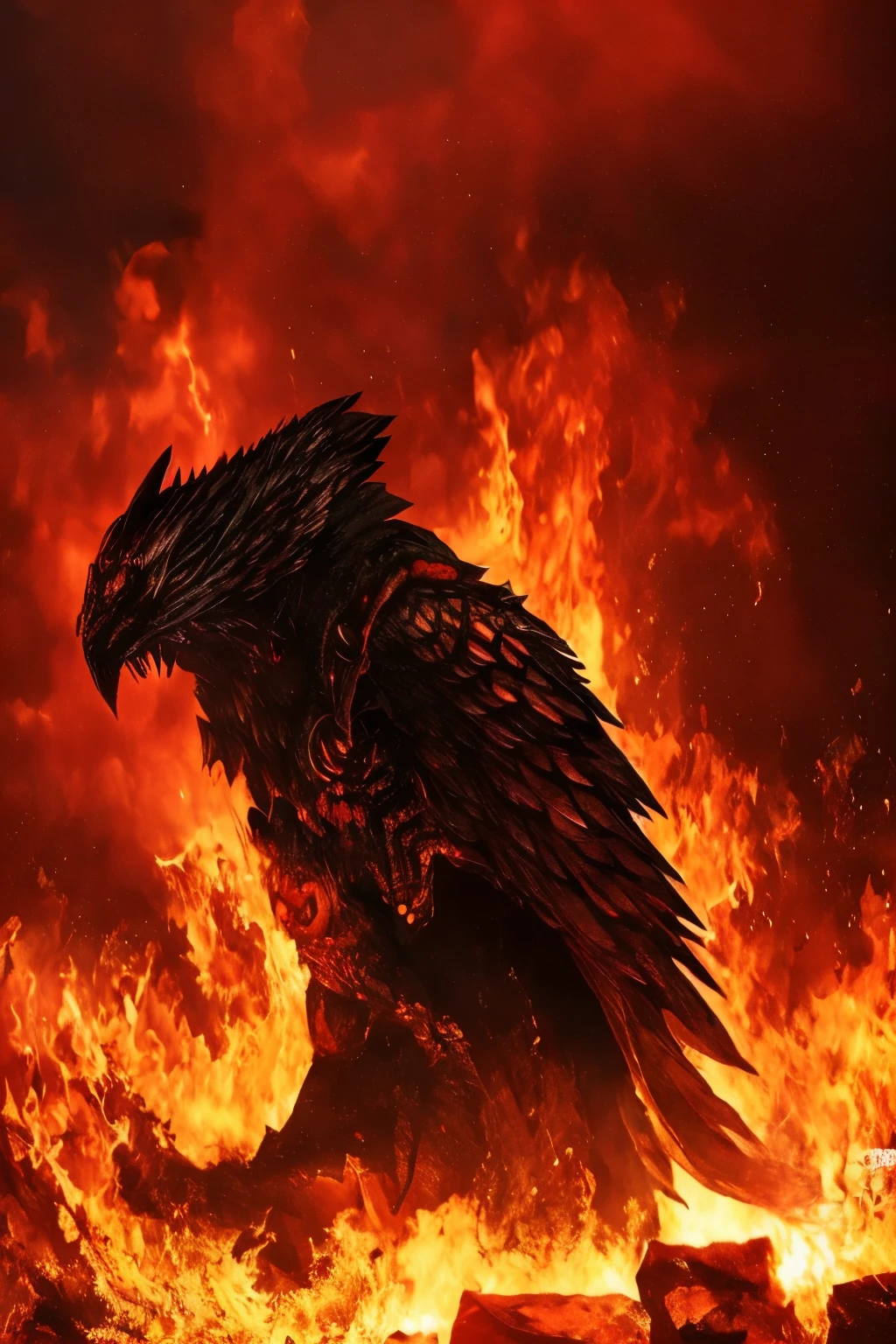 Dark and haunting depiction of a "Hell Messenger" with a menacing atmosphere and intense lighting. Incorporate elements like black wings, glowing red eyes, fiery surroundings, cracked ground, billowing smoke, and a sense of despair and destruction.