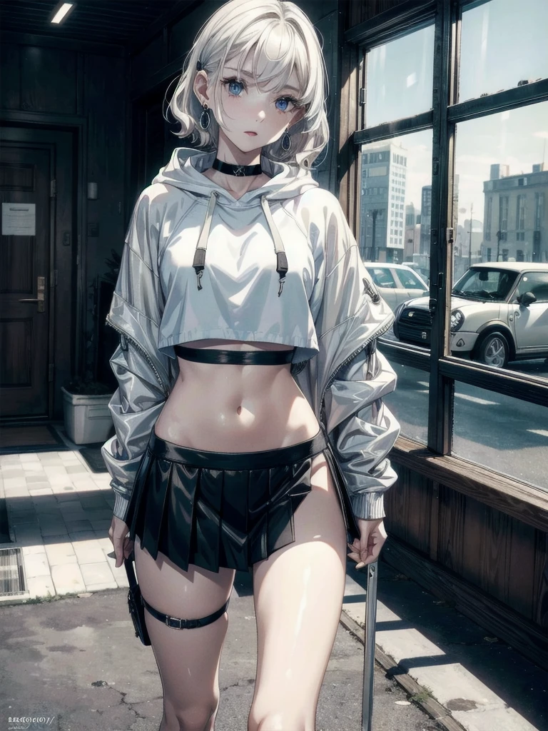 crop top, hoodie, mini skirt, absurdres, RAW photo, extremely delicate and beautiful, masterpiece, Best Quality, ultra high resolution, 32k, hyperrealistic, ultra-detailed, detailed description, pale skin, 20 years old, tearful mole, earring, short medium hair, wavy hair, full body shot,