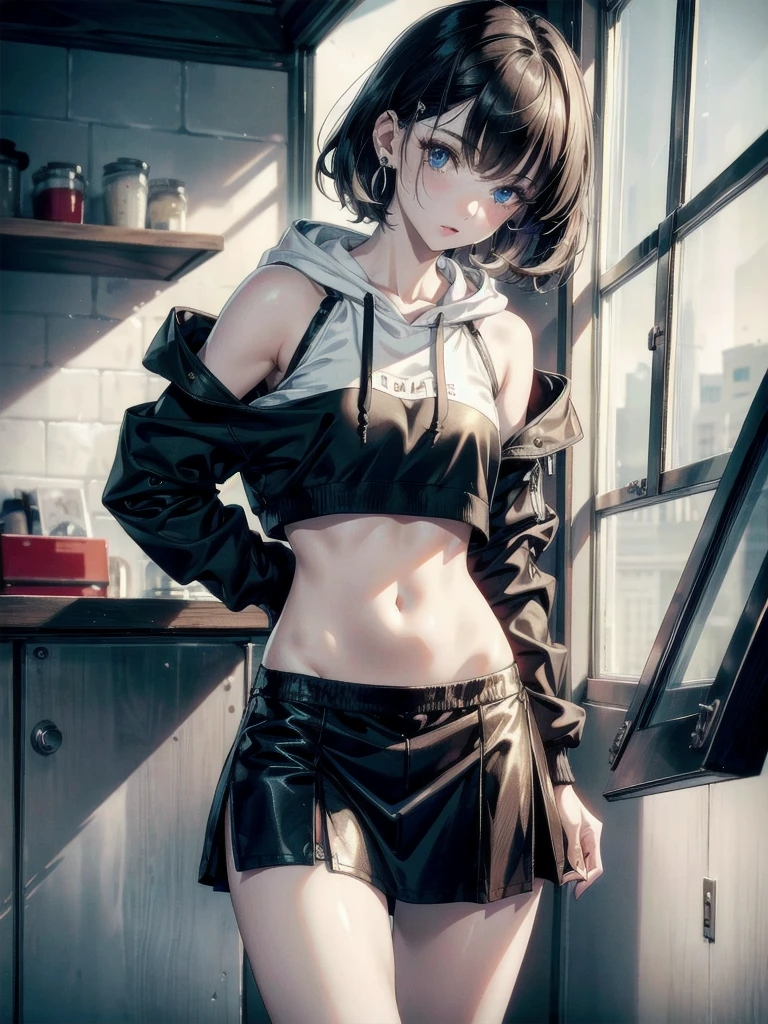 crop top, hoodie, mini skirt, absurdres, RAW photo, extremely delicate and beautiful, masterpiece, Best Quality, ultra high resolution, 32k, hyperrealistic, ultra-detailed, detailed description, pale skin, 20 years old, tearful mole, earring, short medium hair, wavy hair, full body shot,