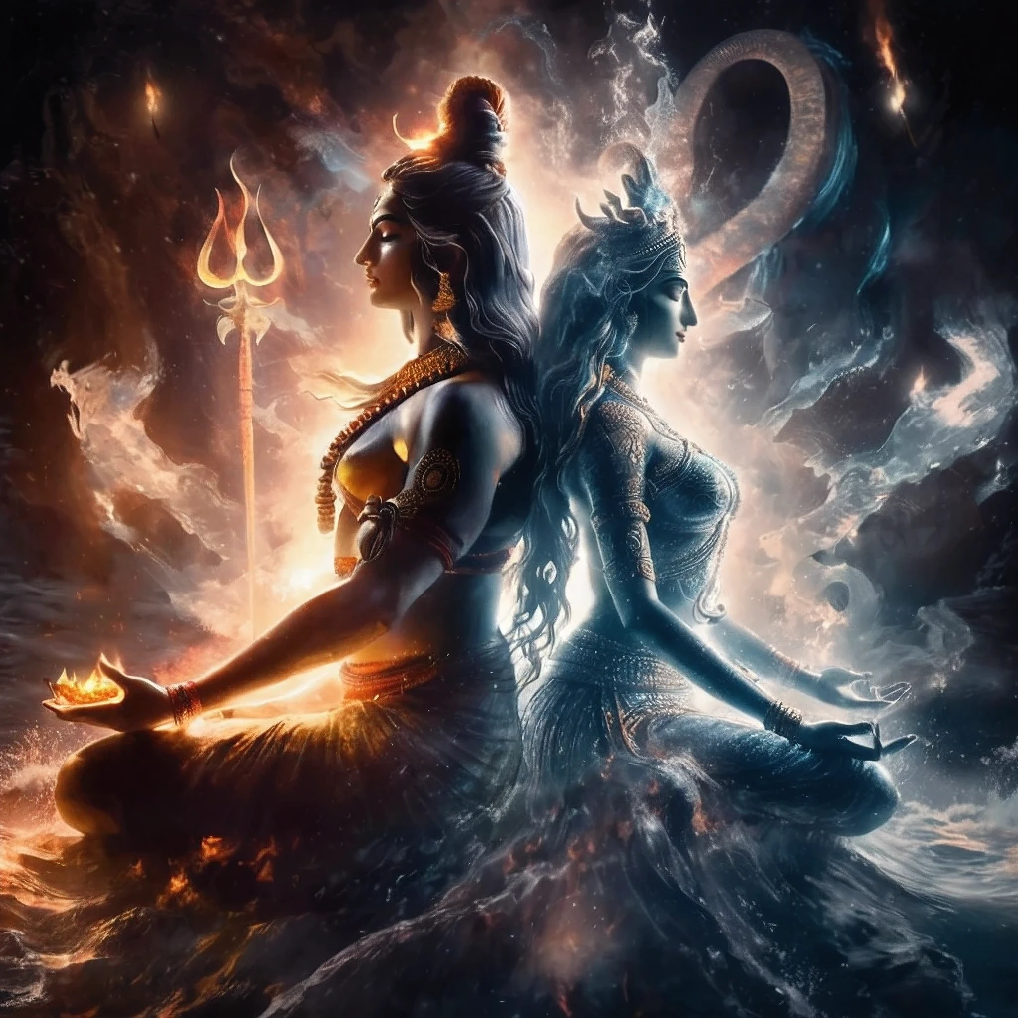 a woman sitting in the middle of a body of water with a fire in her hand, lord shiva, shiva, god shiva the destroyer, hinduism, hindu gods, devainart, beautiful depiction, goddess art, shakti, by Max Dauthendey, hindu art, inspired by Kailash Chandra Meher, hindu god, nirvana, godness, vishnu