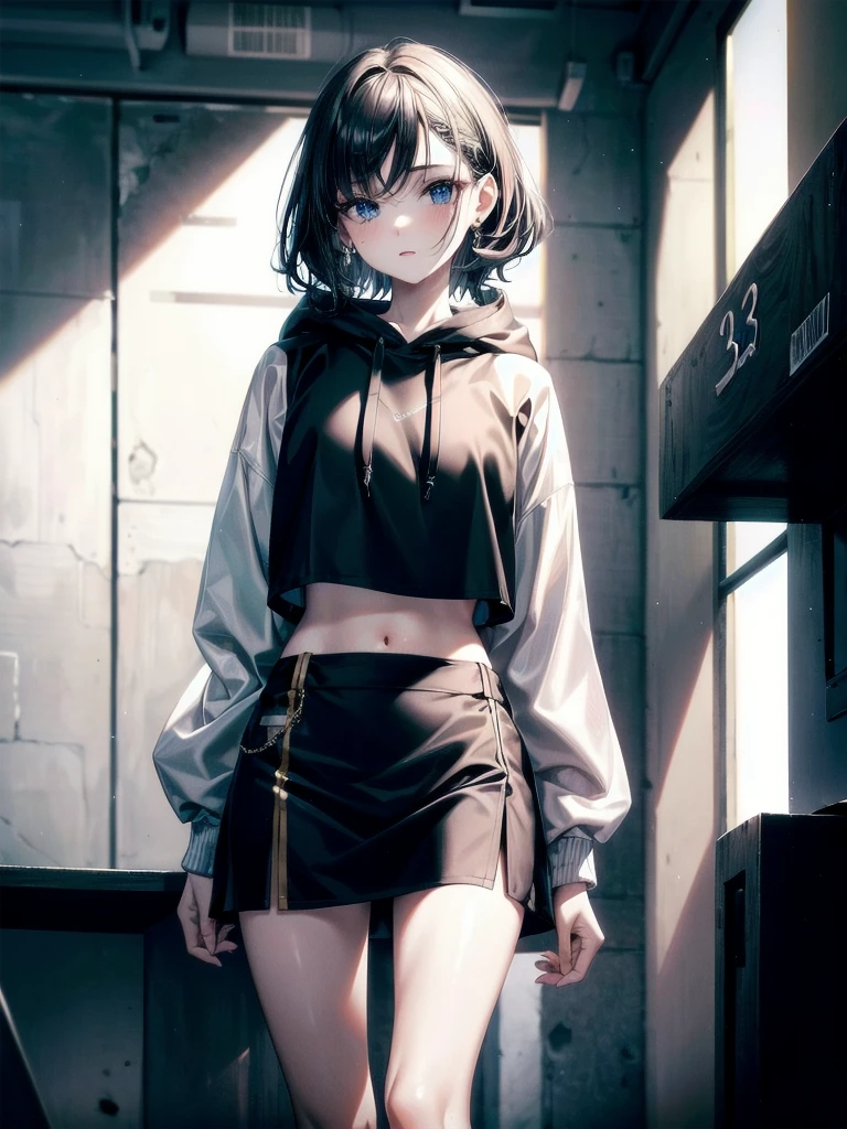 crop top, hoodie, mini skirt, absurdres, RAW photo, extremely delicate and beautiful, masterpiece, Best Quality, ultra high resolution, 32k, hyperrealistic, ultra-detailed, detailed description, pale skin, 20 years old, tearful mole, earring, short medium hair, wavy hair, full body shot,