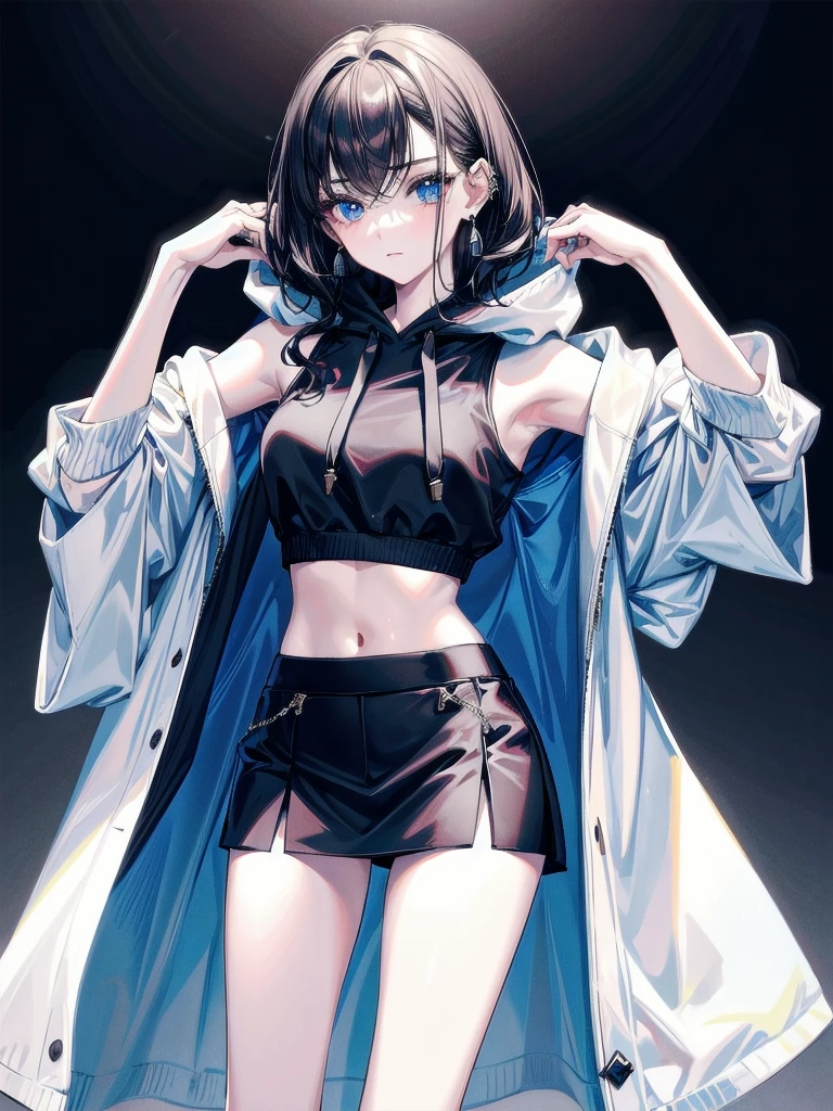 crop top, hoodie, mini skirt, absurdres, RAW photo, extremely delicate and beautiful, masterpiece, Best Quality, ultra high resolution, 32k, hyperrealistic, ultra-detailed, detailed description, pale skin, 20 years old, tearful mole, earring, short medium hair, wavy hair, full body shot,