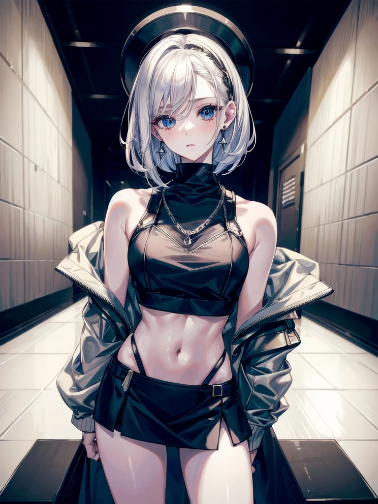 crop top, hoodie, mini skirt, absurdres, RAW photo, extremely delicate and beautiful, masterpiece, Best Quality, ultra high resolution, 32k, hyperrealistic, ultra-detailed, detailed description, pale skin, 20 years old, tearful mole, earring, short medium hair, wavy hair, full body shot,