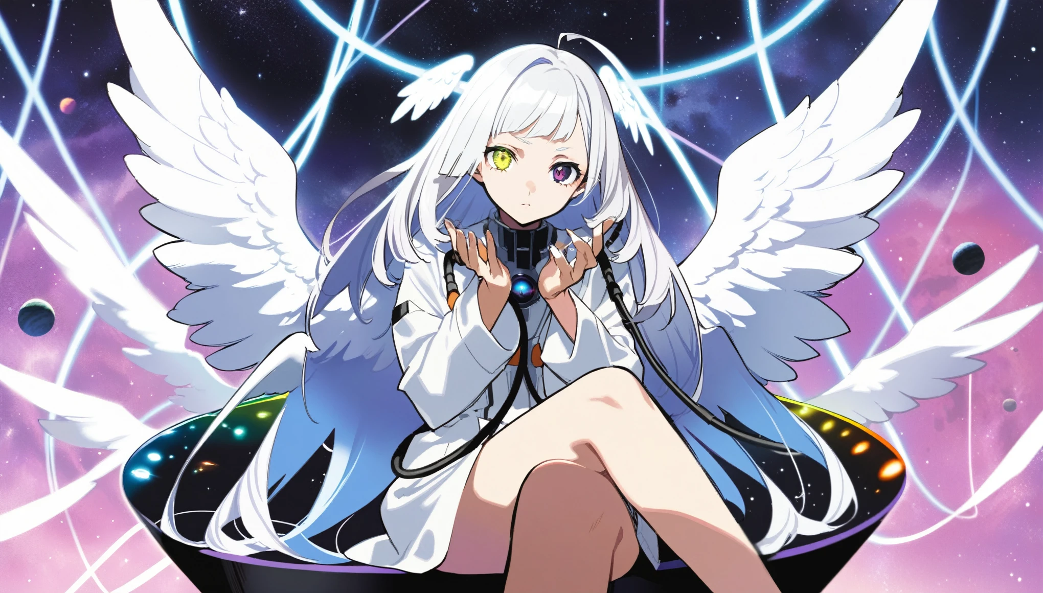 One girl, by yoneyama mai, Mymuro, Suspected habitat, wave hands, Heterochromatic pupil, (Sitting on a neon planet), Cowboy Shot,Great quality, Pushed down, Angel Wings, alone, Long white hair, Winged Bangs, Provocative, Space Background, The contrast between the cables and wires is aesthetically pleasing, Beautiful colors, (Great quality:1.5), masterpiece