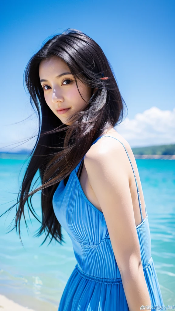 Beautiful dark hair, long hair, gravure, beach, blue sky