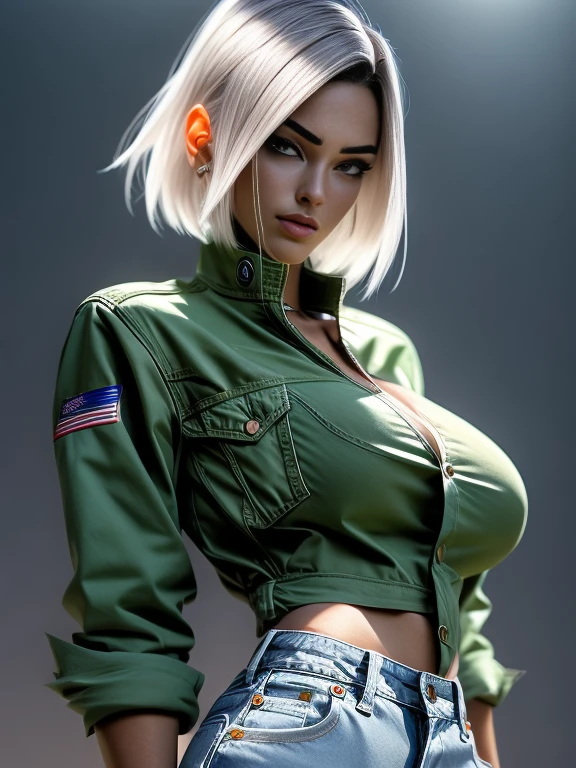 (1girl:1.4), (sfw), (clothed), (masterpiece), illustration,(realistic:1.5), (specular lighting:1.4), (hyperrealistic:1.2), (photorealistic face:1.2), (perfect face), (best quality), (8k), (4k), photorealistic, sharp focus, octane render, best quality, extremely detailed, intricate, hyper detailed, fantasy, soft lighting,(big breasts:1.4), (skindentation:1.3), android 18 from Dragon Ball, looking down at viewer, after a fight, torn clothes, Android 18, jeans, demin jacket, striped shirt, perfect hands, excited face, short bob haircut.