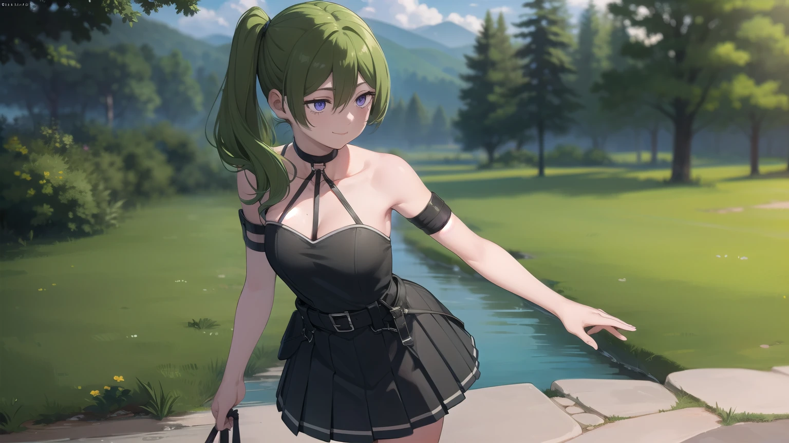 ubel, ubel, medium hair, hair between eyes, green hair, side ponytail, (purple eyes:1.1), smile,
BREAK skirt, gloves, dress, bare shoulders, pleated skirt, sleeveless, black gloves, elbow gloves, belt, miniskirt, black skirt, black footwear, (black dress:1.5), thigh strap, sleeveless dress, halterneck, armband, single glove, black belt, pleated dress, arm strap,
BREAK outdoors, forest, nature, sun, sky, clouds, grass, trees, river, rocks,
BREAK looking at viewer, (cowboy shot:1.5),
BREAK (masterpiece:1.2), best quality, high resolution, unity 8k wallpaper, (illustration:0.8), (beautiful detailed eyes:1.6), extremely detailed face, perfect lighting, extremely detailed CG, (perfect hands, perfect anatomy), image size 16:9